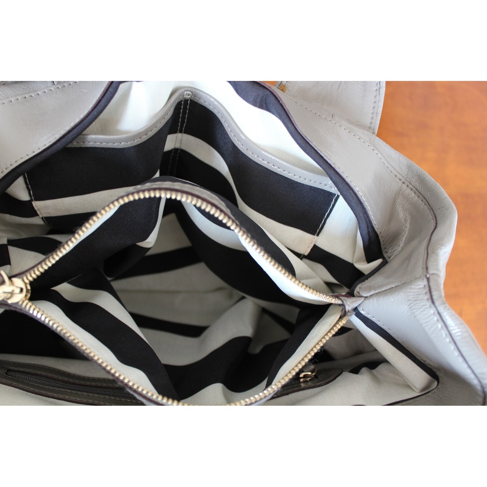 Kate Spade New York Grey Leather Pleated Tote Bag Striped Lining - Picture 12 of 15